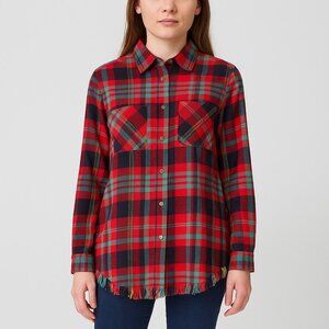 One24 Rags Red Plaid Button Up Long Sleeve Frayed Flannel Shirt Womens S NWOT
